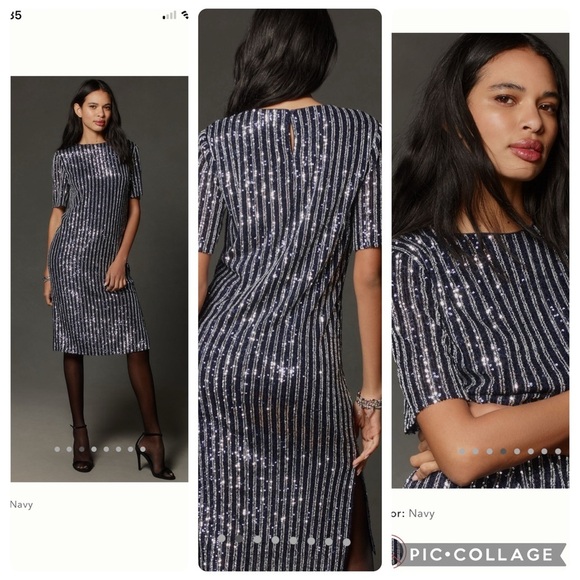 NWT new small Anthropologie flat white short sleeve sequin stripe midi dress - Picture 4 of 17